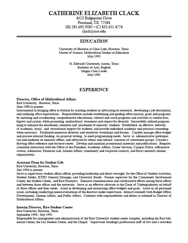 Catherine Clack's resume page 1